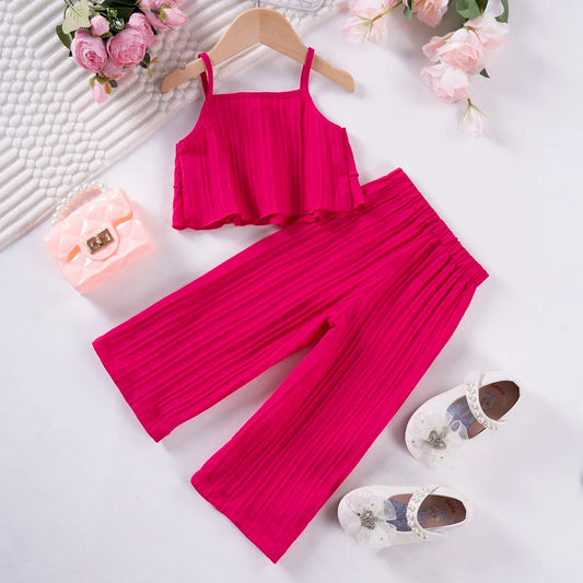 Toddler Suit Summer Solid Colour Girls Fashion Halter Ruffle Top + Wide Leg Trousers 2pcs Sweet Cute Elegant New 2024