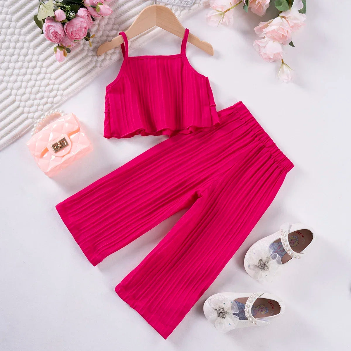 Toddler Suit Summer Solid Colour Girls Fashion Halter Ruffle Top + Wide Leg Trousers 2pcs Sweet Cute Elegant New 2024