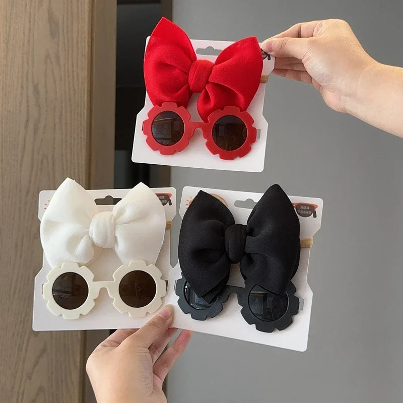 Children Headwear Glasses Set Solid Soft Bowknot Head Bands