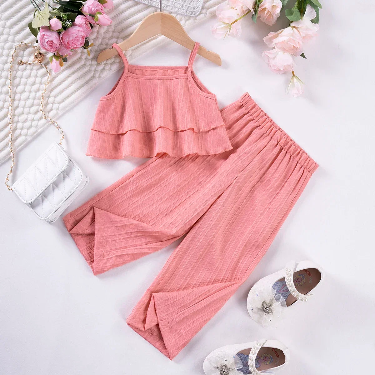 Toddler Suit Summer Solid Colour Girls Fashion Halter Ruffle Top + Wide Leg Trousers 2pcs Sweet Cute Elegant New 2024