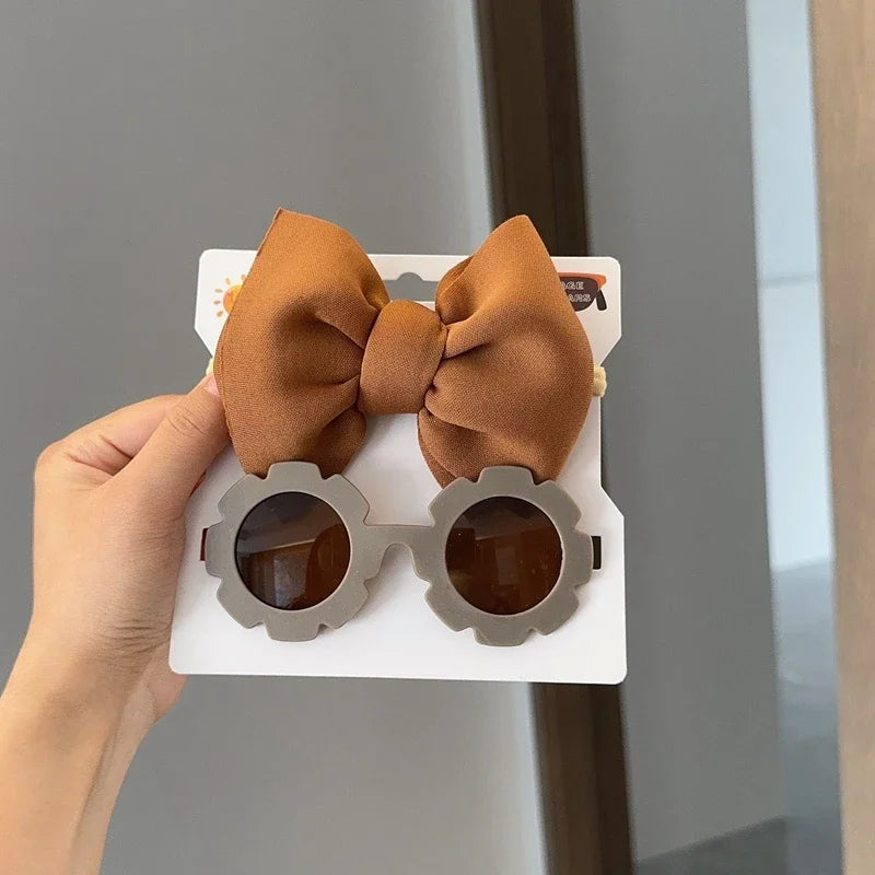 Children Headwear Glasses Set Solid Soft Bowknot Head Bands