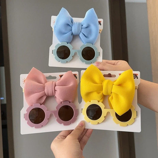 Children Headwear Glasses Set Solid Soft Bowknot Head Bands