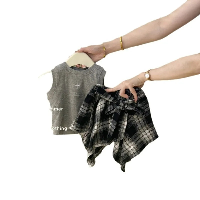 Kids Clothes Girls Summer Toddler Girl Grey Vest + Irregular Pleated Skirt 2-piece Sets Fashion Cute Baby Girl Outfit Set Y2k