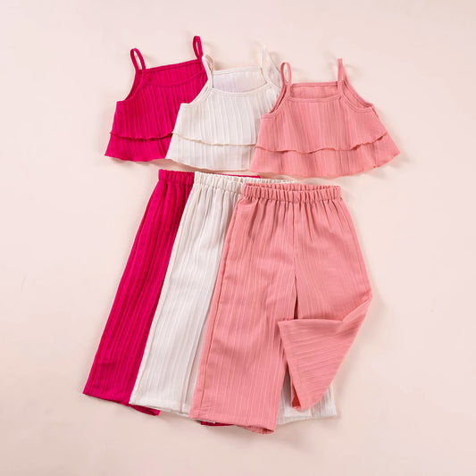 Toddler Suit Summer Solid Colour Girls Fashion Halter Ruffle Top + Wide Leg Trousers 2pcs Sweet Cute Elegant New 2024