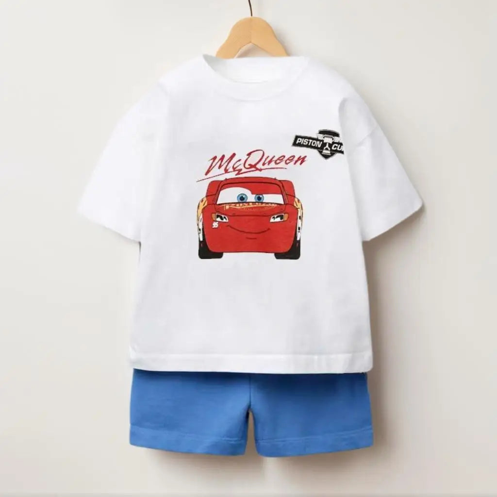 Summer Clothes Children Cartoon Car Print T-shirt+shorts Boys Child Round Neck Tees Loose Simple Shorts Trendy Costume Suit