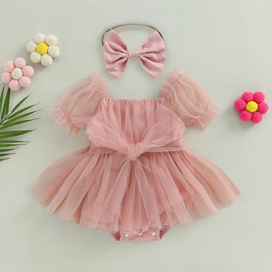 Infant Baby Girl Romper Dress Solid Color Short Sleeve Front Bowknot Tulle Jumpsuit