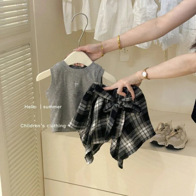 Kids Clothes Girls Summer Toddler Girl Grey Vest + Irregular Pleated Skirt 2-piece Sets Fashion Cute Baby Girl Outfit Set Y2k