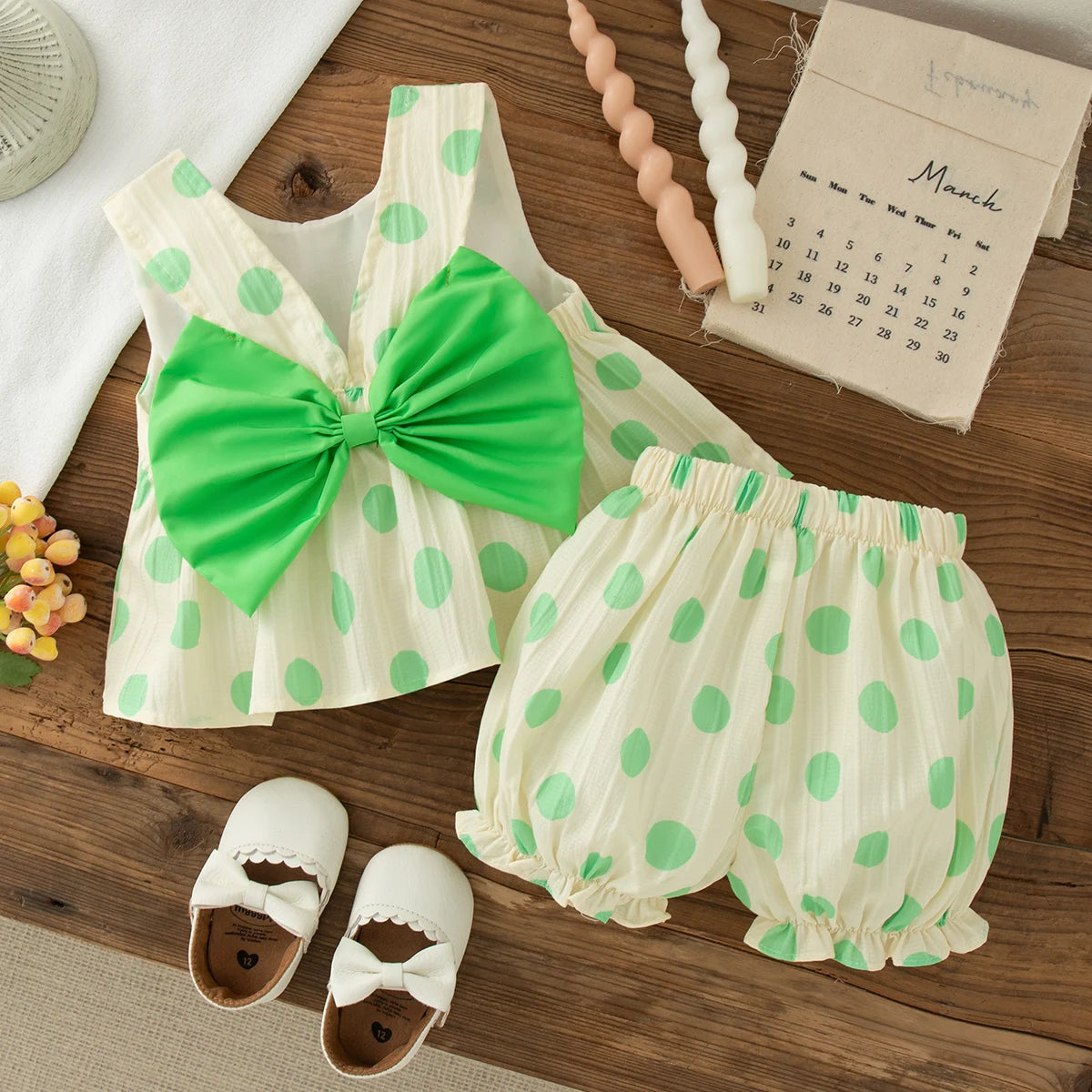 2 Piece Set Polka Dot Bow Sleeveless Top & Shorts