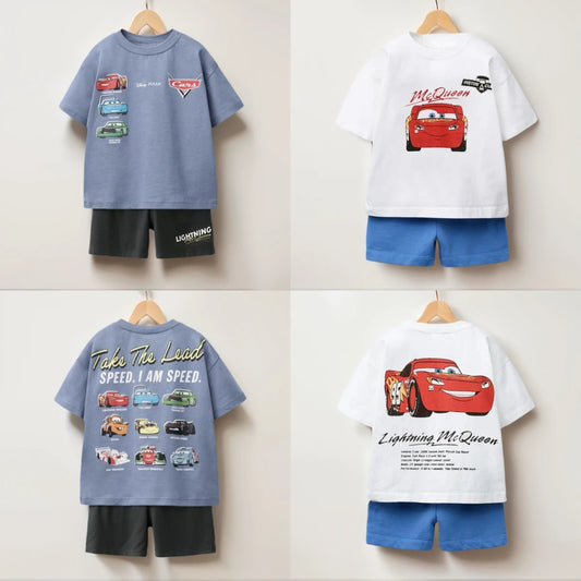 Summer Clothes Children Cartoon Car Print T-shirt+shorts Boys Child Round Neck Tees Loose Simple Shorts Trendy Costume Suit