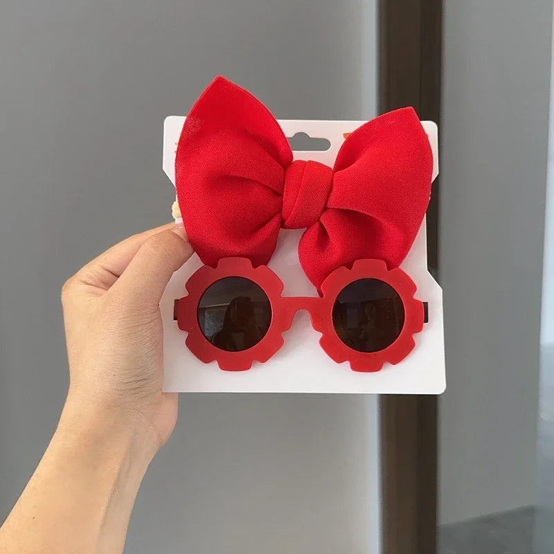 Children Headwear Glasses Set Solid Soft Bowknot Head Bands