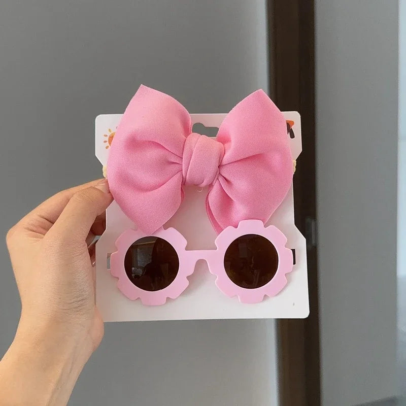 Children Headwear Glasses Set Solid Soft Bowknot Head Bands