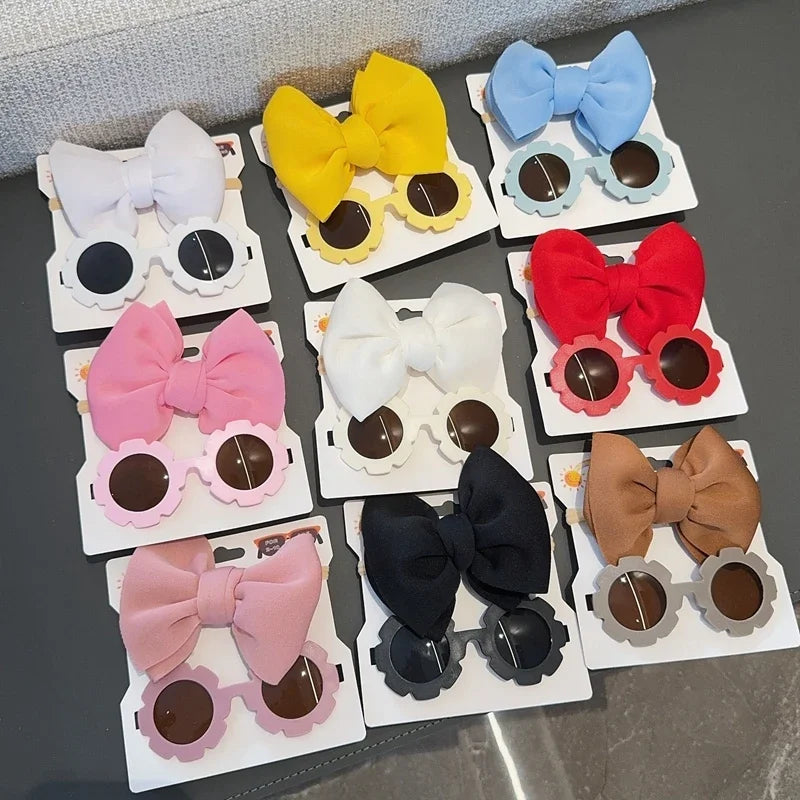 Children Headwear Glasses Set Solid Soft Bowknot Head Bands
