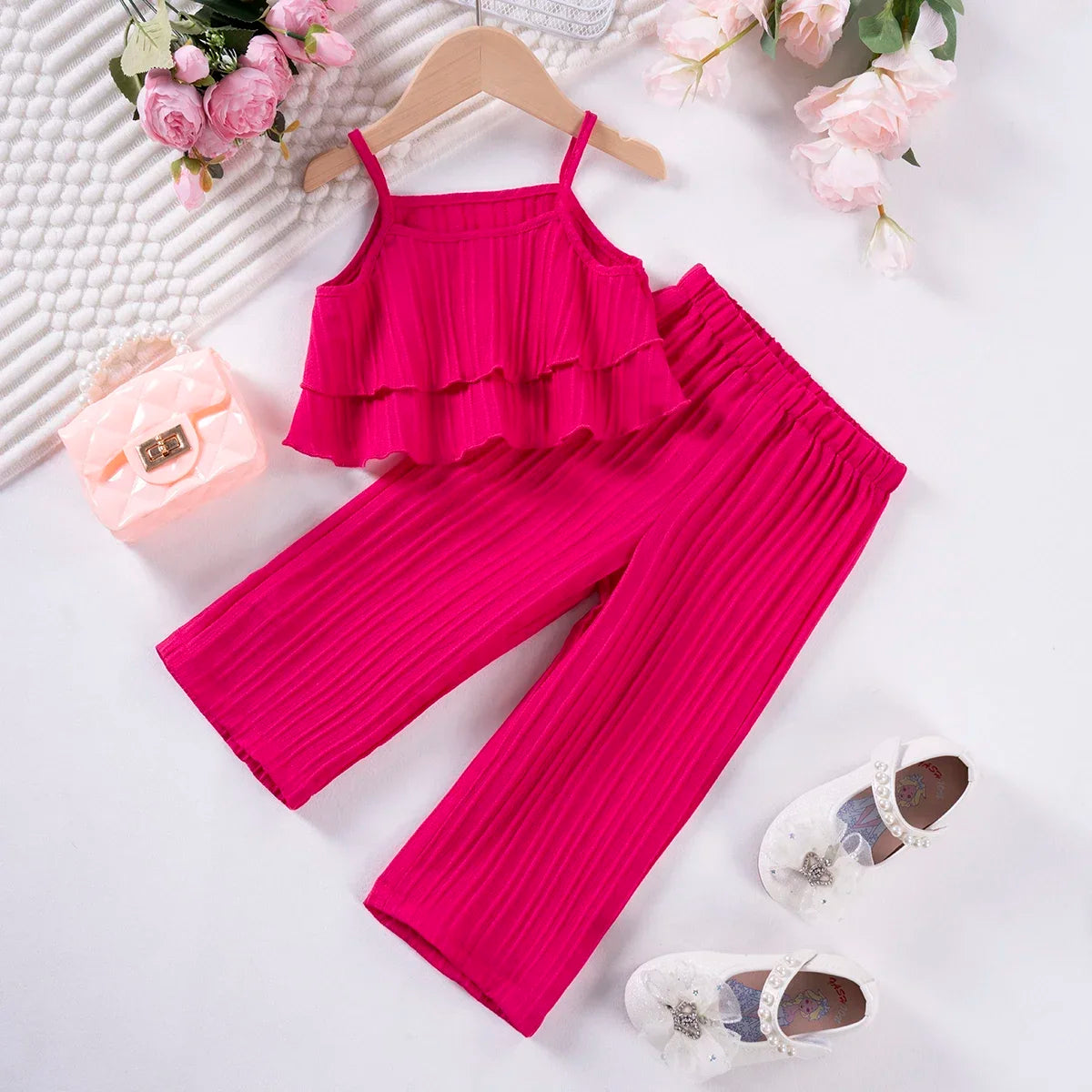 Toddler Suit Summer Solid Colour Girls Fashion Halter Ruffle Top + Wide Leg Trousers 2pcs Sweet Cute Elegant New 2024