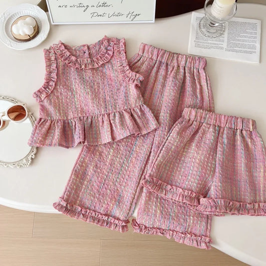 2pc/Set Baby Girl Pink Checkered Cotton Sleeveless